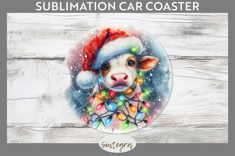Christmas Cow Entangled in Lights Car Coaster Sublimation Sublimation Sintegra 