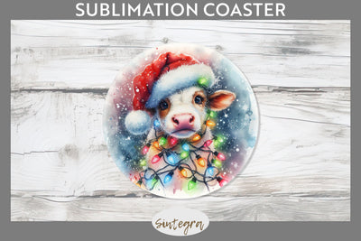 Christmas Cow Entangled in Lights Round Coaster Sublimation Sublimation Sintegra 