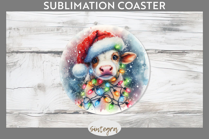 Christmas Cow Entangled in Lights Round Coaster Sublimation Sublimation Sintegra 