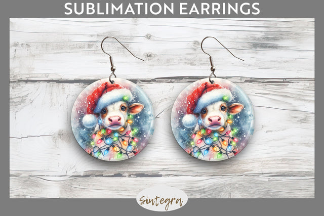 Christmas Cow Entangled in Lights Round Earrings Sublimation Sublimation Sintegra 