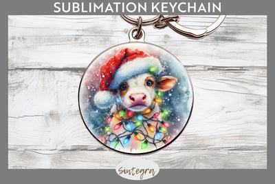 Christmas Cow Entangled in Lights Round Keychain Sublimation Sublimation Sintegra 