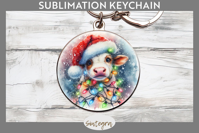 Christmas Cow Entangled in Lights Round Keychain Sublimation Sublimation Sintegra 