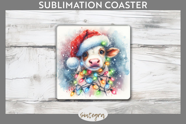 Christmas Cow Entangled in Lights Square Coaster Sublimation Sublimation Sintegra 
