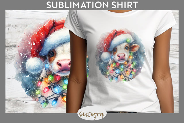 Christmas Cow Entangled in Lights T-shirt Sublimation Sublimation Sintegra 