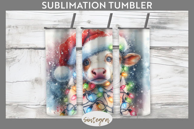 Christmas Cow Entangled in Lights Tumbler Sublimation 20 oz Skinny Sublimation Sintegra 