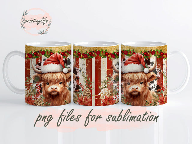 Christmas Cow Mug Wrap Sublimation Digital Download, Floral Gold Christmas Design Png Gold Glitter Christmas 11oz Sublimation PrintingLife 