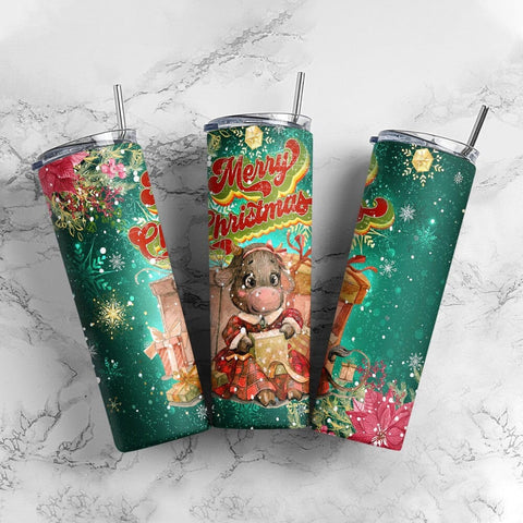 Christmas Cow tumbler PNG, Farm animal with flower aztecs 20 oz skinny tumbler Png Digital Instant Download Sublimation CaldwellArt 