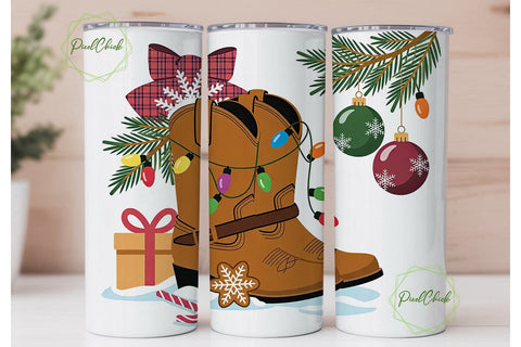 Christmas Cowboy Boots 20oz Tumbler Wrap Sublimation PixelChick 
