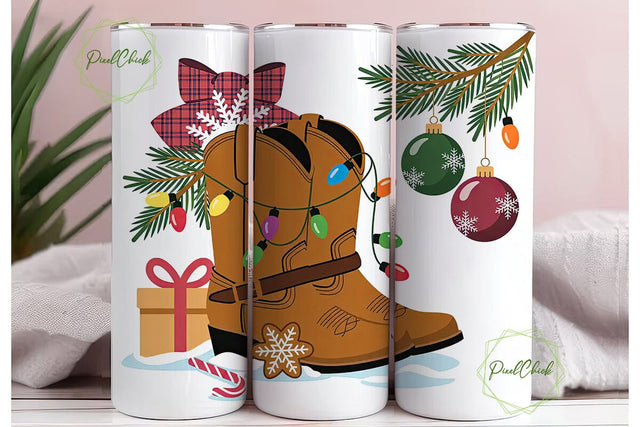 Christmas Cowboy Boots 20oz Tumbler Wrap Sublimation PixelChick 