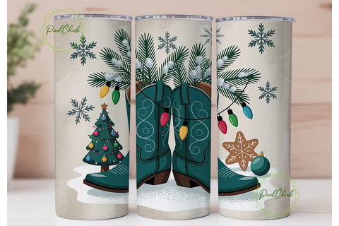 Christmas Cowboy Boots 20oz Tumbler Wrap Sublimation PixelChick 