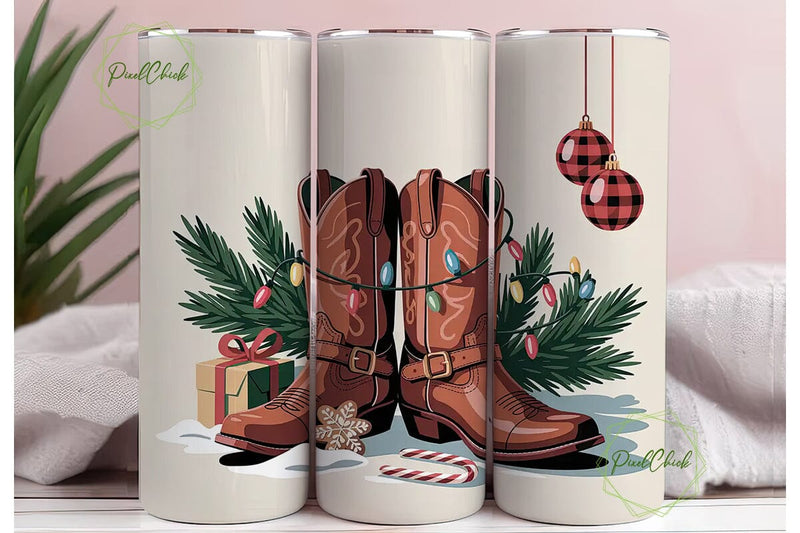 Christmas Cowboy Boots 20oz Tumbler Wrap Sublimation PixelChick 