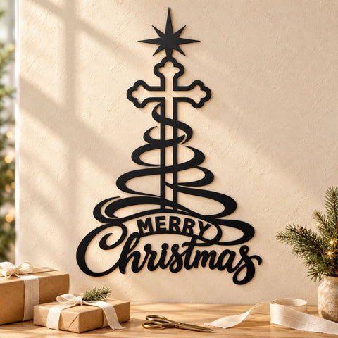 Christmas Cross Laser SVG | Merry Christmas DXF | Christian Metal Wall Art | Ribbon Christmas Tree Plasma CNC Cutting File SVG HappyDesignStudio 