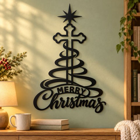 Christmas Cross Laser SVG | Merry Christmas DXF | Christian Metal Wall Art | Ribbon Christmas Tree Plasma CNC Cutting File SVG HappyDesignStudio 