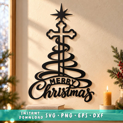 Christmas Cross Laser SVG | Merry Christmas DXF | Christian Metal Wall Art | Ribbon Christmas Tree Plasma CNC Cutting File SVG HappyDesignStudio 