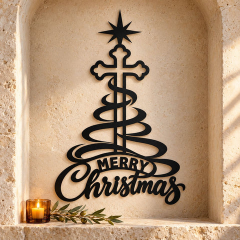 Christmas Cross Laser SVG | Merry Christmas DXF | Christian Metal Wall Art | Ribbon Christmas Tree Plasma CNC Cutting File SVG HappyDesignStudio 