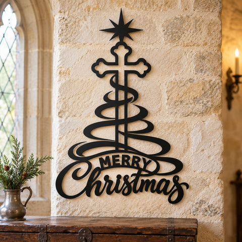 Christmas Cross Laser SVG | Merry Christmas DXF | Christian Metal Wall Art | Ribbon Christmas Tree Plasma CNC Cutting File SVG HappyDesignStudio 