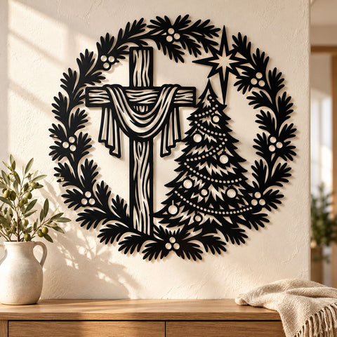 Christmas Cross Wreath Laser SVG | Christian Christmas Tree DXF | Religious Metal Wall Art | Holiday Plasma CNC Cutting File SVG HappyDesignStudio 