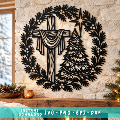 Christmas Cross Wreath Laser SVG | Christian Christmas Tree DXF | Religious Metal Wall Art | Holiday Plasma CNC Cutting File SVG HappyDesignStudio 