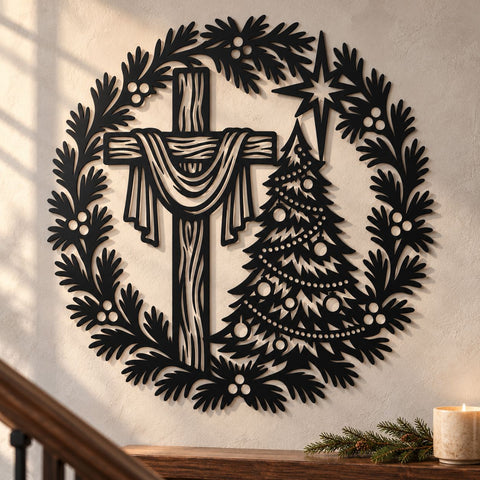 Christmas Cross Wreath Laser SVG | Christian Christmas Tree DXF | Religious Metal Wall Art | Holiday Plasma CNC Cutting File SVG HappyDesignStudio 