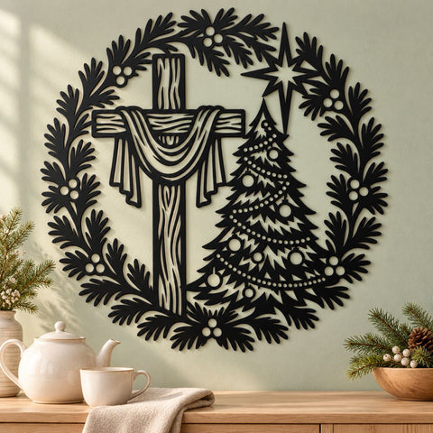 Christmas Cross Wreath Laser SVG | Christian Christmas Tree DXF | Religious Metal Wall Art | Holiday Plasma CNC Cutting File SVG HappyDesignStudio 