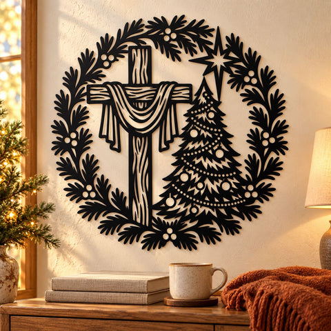 Christmas Cross Wreath Laser SVG | Christian Christmas Tree DXF | Religious Metal Wall Art | Holiday Plasma CNC Cutting File SVG HappyDesignStudio 