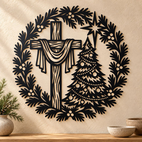 Christmas Cross Wreath Laser SVG | Christian Christmas Tree DXF | Religious Metal Wall Art | Holiday Plasma CNC Cutting File SVG HappyDesignStudio 
