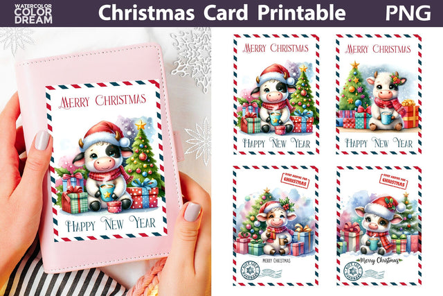 Christmas Cute Cow Card Sublimation WatercolorColorDream 