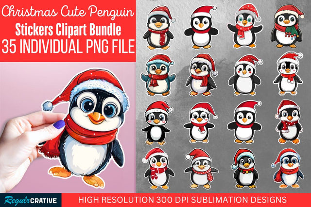 Christmas Cute Penguin Sticker Clipart Bundle Sublimation Regulrcrative 