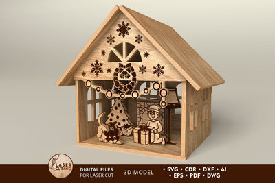 CHRISTMAS DECORATIVE HOUSE, Christmas Crafts, Wood Cut, Laser Cut Template SVG LaserCutano 
