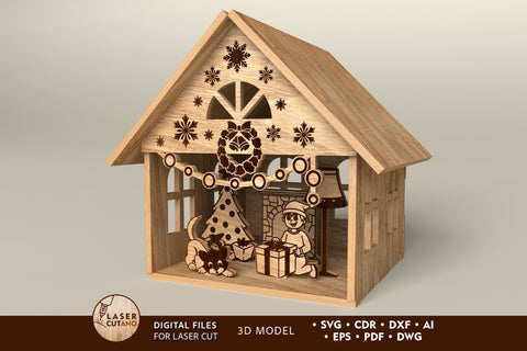 CHRISTMAS DECORATIVE HOUSE, Christmas Crafts, Wood Cut, Laser Cut Template SVG LaserCutano 