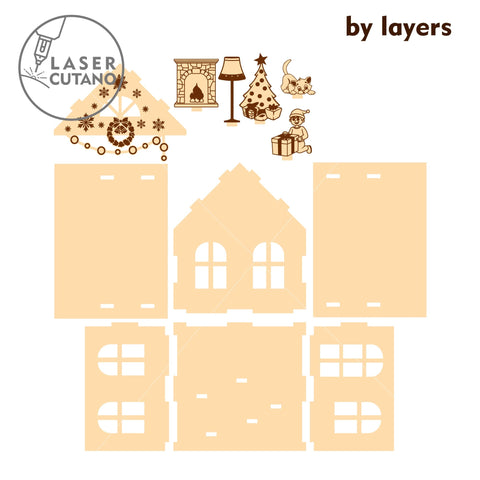 CHRISTMAS DECORATIVE HOUSE, Christmas Crafts, Wood Cut, Laser Cut Template SVG LaserCutano 