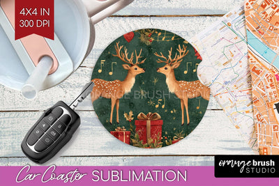 Christmas Deer Car Coaster - Vintage Christmas Sublimation Sublimation OrangeBrushStudio 
