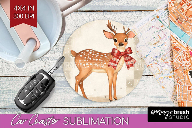 Christmas Deer Car Coaster - Vintage Christmas Sublimation Sublimation OrangeBrushStudio 