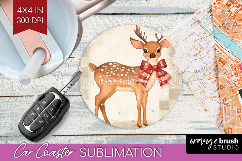 Christmas Deer Car Coaster - Vintage Christmas Sublimation Sublimation OrangeBrushStudio 