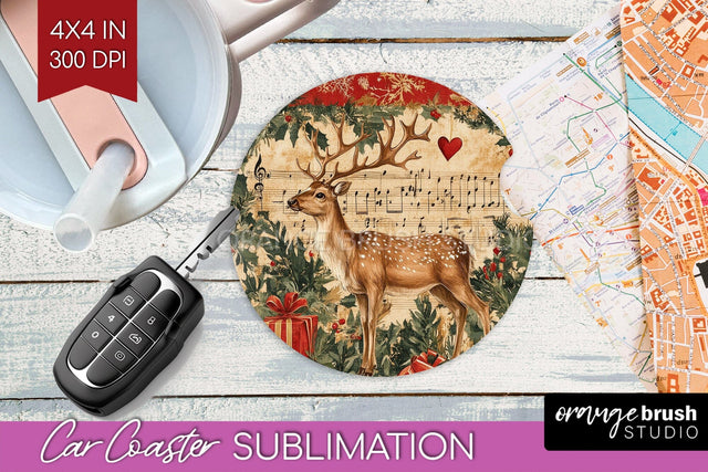 Christmas Deer Car Coaster - Vintage Christmas Sublimation Sublimation OrangeBrushStudio 