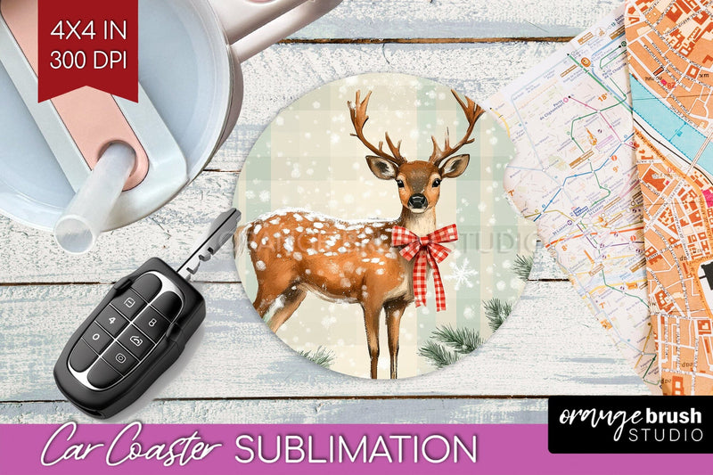 Christmas Deer Car Coaster - Vintage Christmas Sublimation Sublimation OrangeBrushStudio 