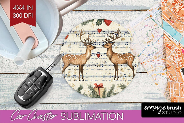Christmas Deer Car Coaster - Vintage Christmas Sublimation Sublimation OrangeBrushStudio 