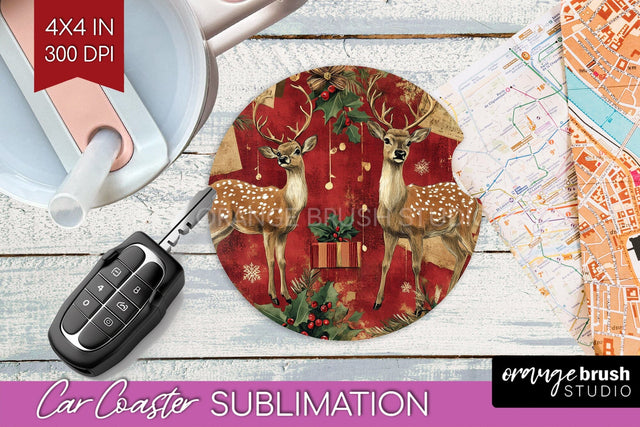 Christmas Deer Car Coaster - Vintage Christmas Sublimation Sublimation OrangeBrushStudio 