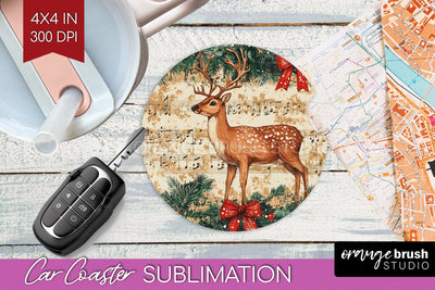 Christmas Deer Car Coaster - Vintage Christmas Sublimation Sublimation OrangeBrushStudio 