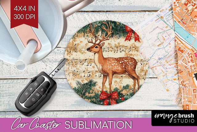 Christmas Deer Car Coaster - Vintage Christmas Sublimation Sublimation OrangeBrushStudio 
