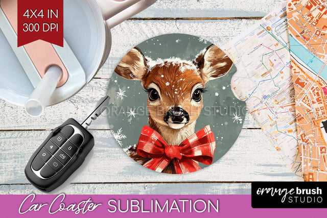 Christmas Deer Car Coaster - Vintage Christmas Sublimation Sublimation OrangeBrushStudio 