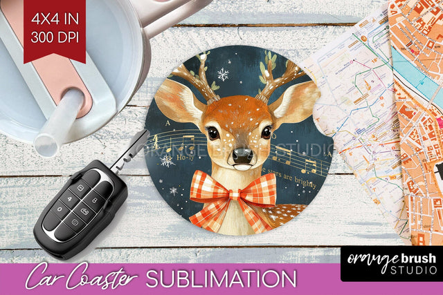 Christmas Deer Car Coaster - Vintage Christmas Sublimation Sublimation OrangeBrushStudio 