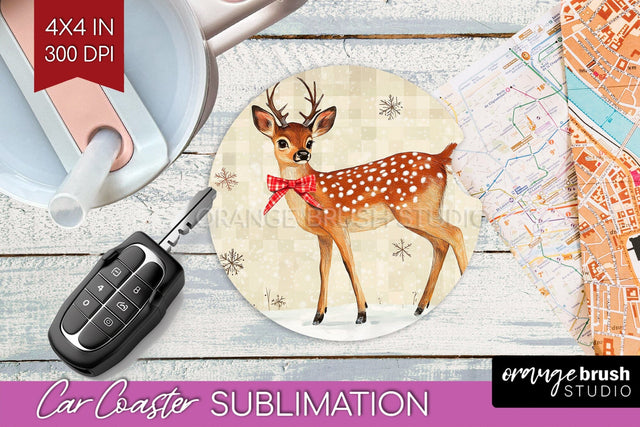 Christmas Deer Car Coaster - Vintage Christmas Sublimation Sublimation OrangeBrushStudio 