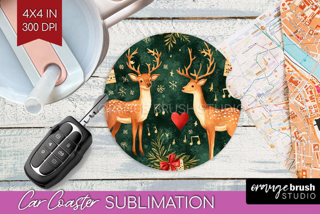 Christmas Deer Car Coaster - Vintage Christmas Sublimation Sublimation OrangeBrushStudio 