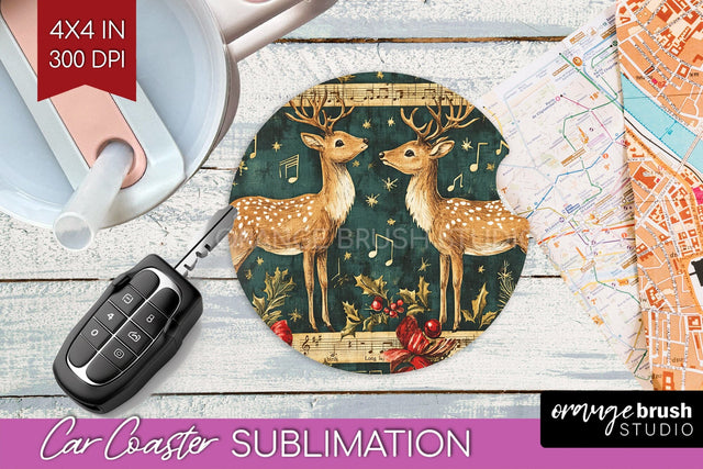 Christmas Deer Car Coaster - Vintage Christmas Sublimation Sublimation OrangeBrushStudio 