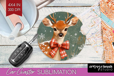 Christmas Deer Car Coaster - Vintage Christmas Sublimation Sublimation OrangeBrushStudio 