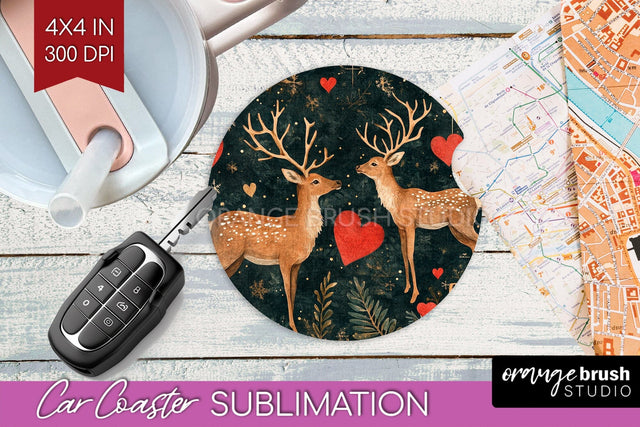 Christmas Deer Car Coaster - Vintage Christmas Sublimation Sublimation OrangeBrushStudio 