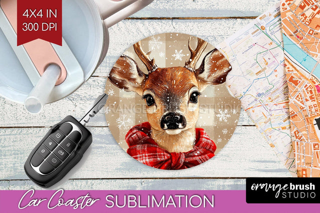 Christmas Deer Car Coaster - Vintage Christmas Sublimation Sublimation OrangeBrushStudio 