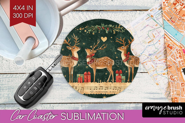 Christmas Deer Car Coaster - Vintage Christmas Sublimation Sublimation OrangeBrushStudio 