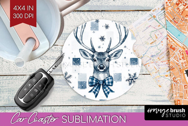 Christmas Deer Car Coaster - Vintage Christmas Sublimation Sublimation OrangeBrushStudio 